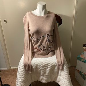 Maison Jules Cat & Red Yarn Puff Ball Tan Sweater